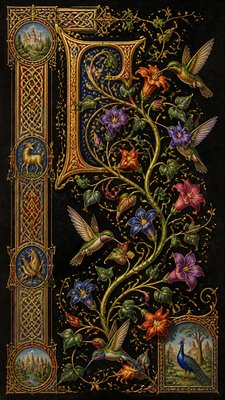 a climbing vine of flowers and hummingbirds on a dark background, tall wrapping composition, no text