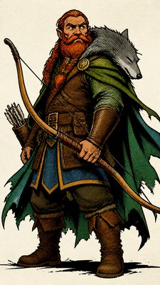 full-body original character: a dwarven ranger with a braided auburn beard, worn leather armor, a longbow and a wolf-pelt cloak, neutral background, no text