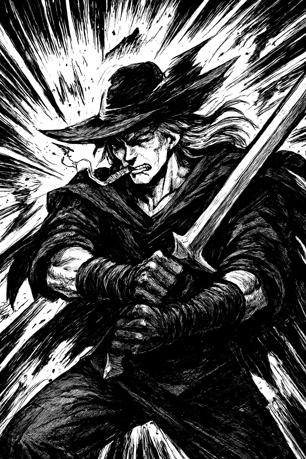 a black and white drawing of a man holding a sword