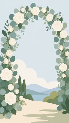 an arch of white roses and eucalyptus in soft morning light, elegant vertical composition with open space, no text