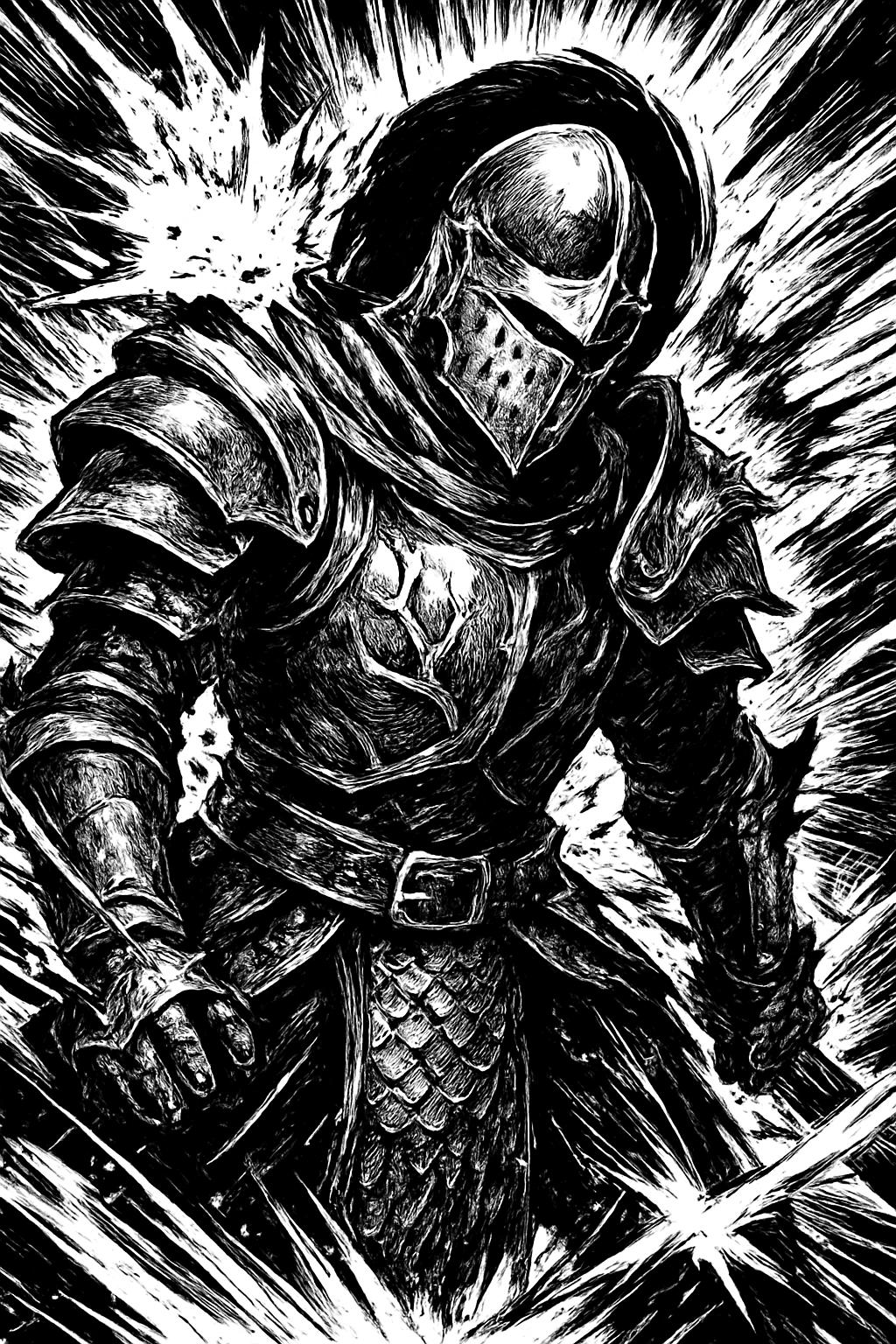 a black and white drawing of a knight