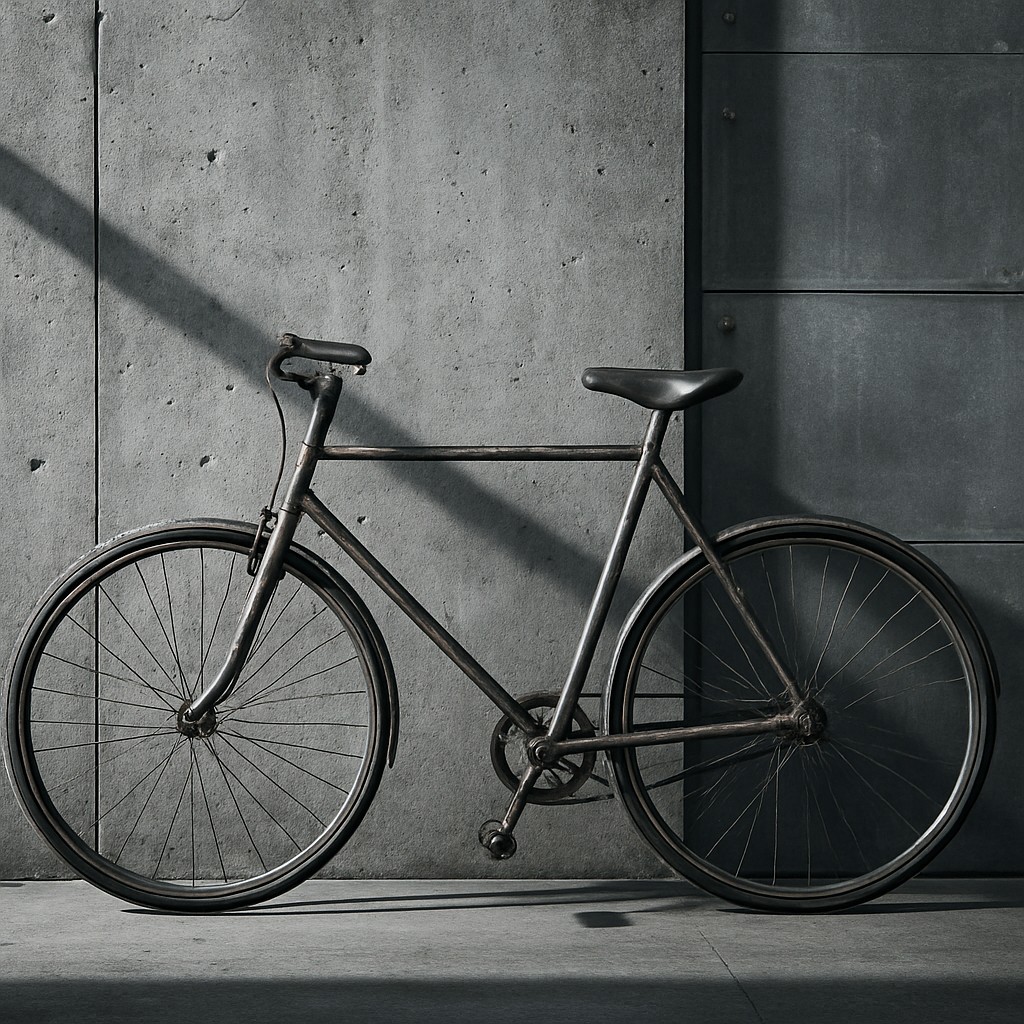 bicyle resting against a wall