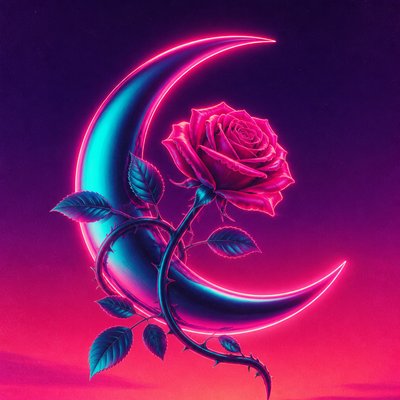 a rose entwined with a crescent moon, clean balanced composition on a plain background, no text