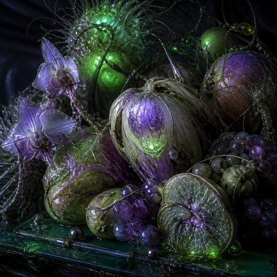 still life arrangement of fruits and flowers