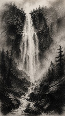 towering waterfall cascading down a cliff