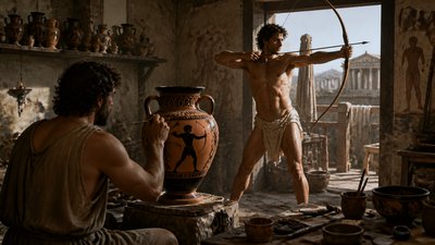 greek vase painter and athlete with bow and arrow posing for him