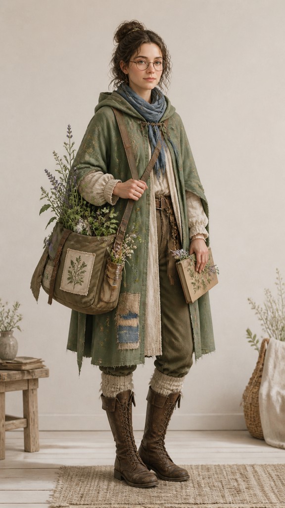 full-body original character: a wandering botanist with a satchel of plants, a patched green cloak, tall boots and round glasses, neutral background