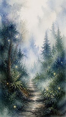 a mysterious forest path with fireflies and drifting mist, atmospheric vertical composition with open space at the top, no text