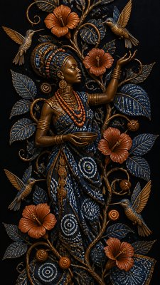 a climbing vine of flowers and hummingbirds on a dark background, tall wrapping composition, no text