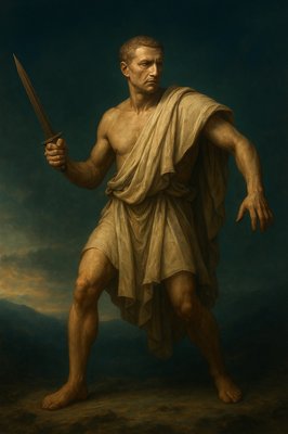 a painting of a man holding a sword