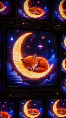 a sleeping baby fox curled on a crescent moon among soft stars, gentle and warm, no text