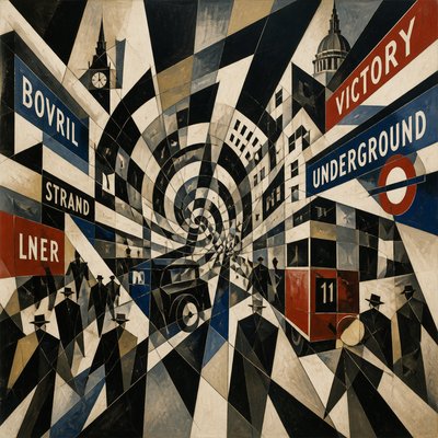 urban street with city activity — Vorticism Art Style
