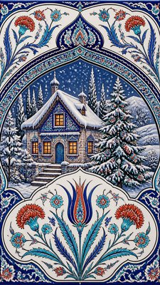 a snow-covered cottage with warm glowing windows beside a decorated pine tree, gentle snowfall, no text