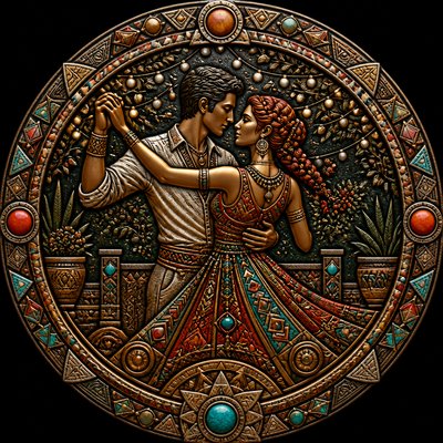an original couple dancing under string lights in a garden at dusk: a man with short black hair in a linen shirt and a woman with braided red hair in a summer dress