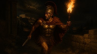 ancient greek soldier running at night holding a torch and sword