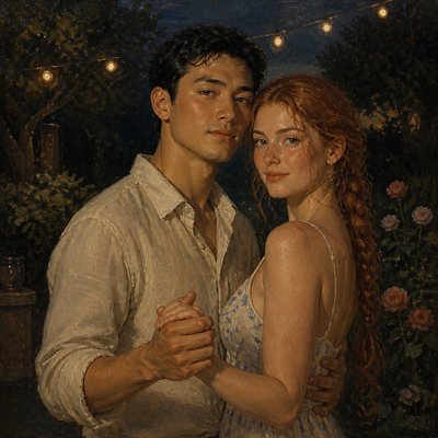 an original couple dancing under string lights in a garden at dusk: a man with short black hair in a linen shirt and a woman with braided red hair in a summer dress