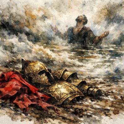 A high-contrast scene showing discarded ornate gold armor and a scarlet cape lying on the muddy riverbank. In the background, the silhouette of the man is chest-deep in the river, looking up at the sky in surrender. The water is churning and alive. Rich textures of metal vs. water vs. mud. 8k resolution, historical realism, profound storytelling, theme of humility and healing.

