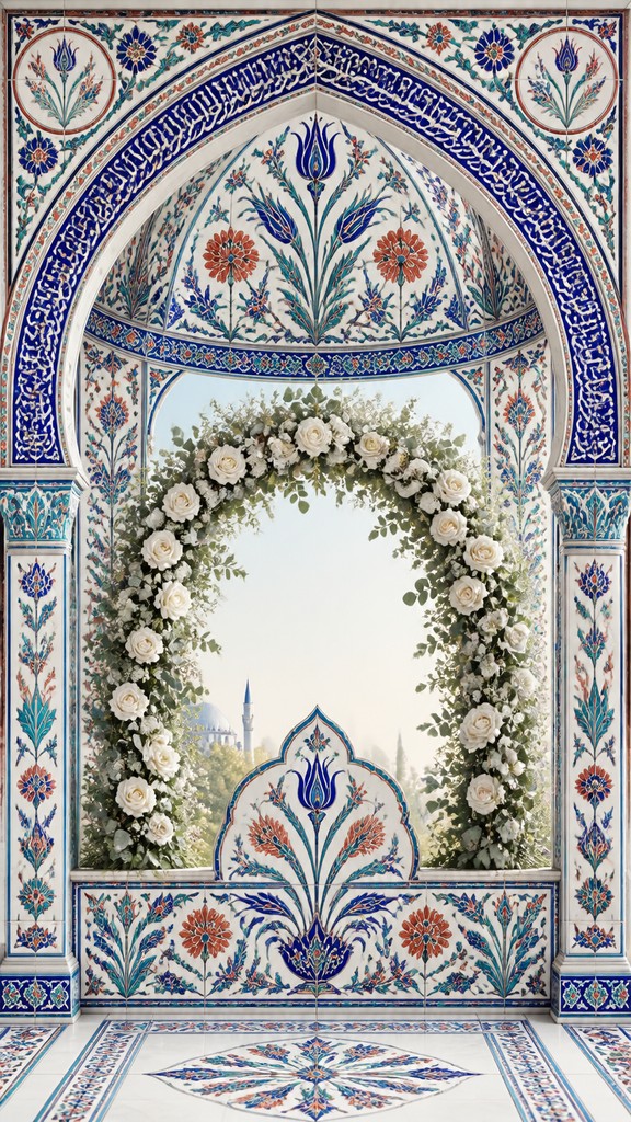 an arch of white roses and eucalyptus in soft morning light, elegant vertical composition with open space, no text
