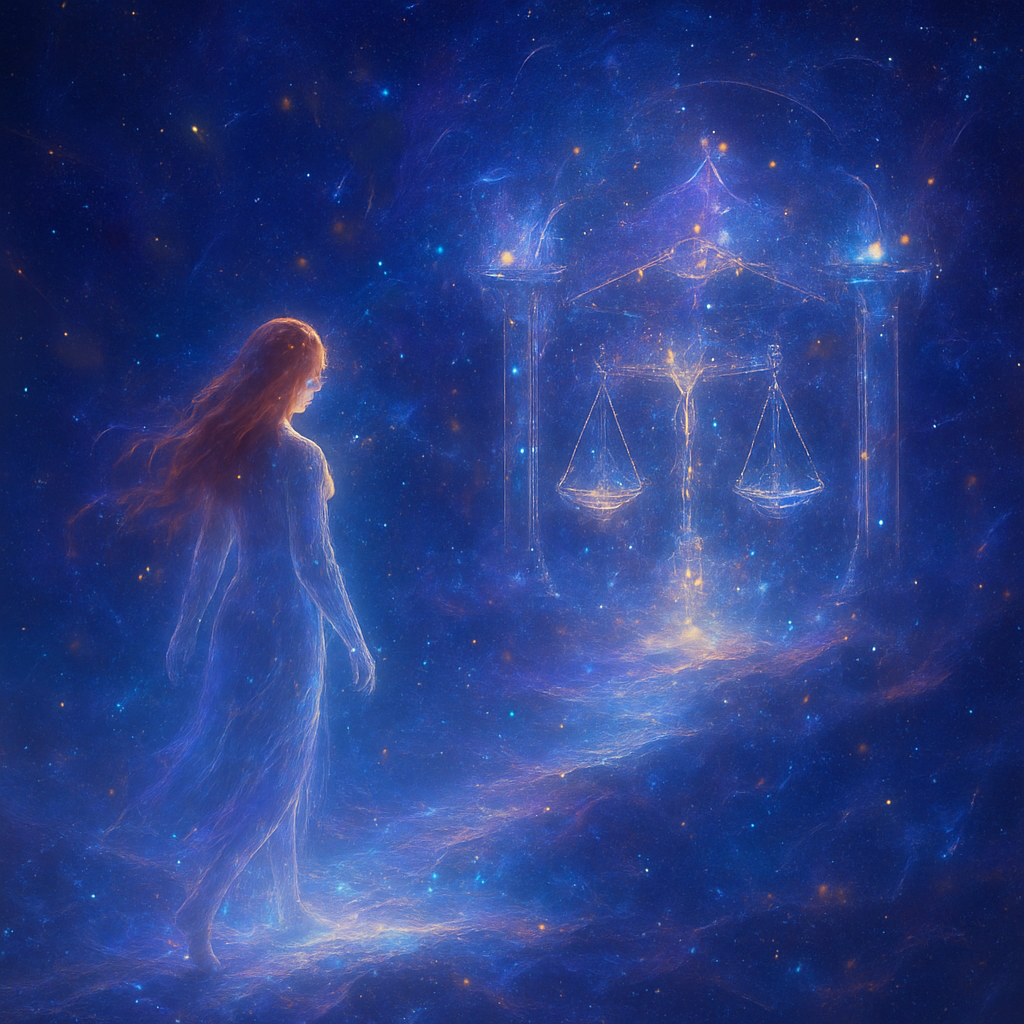 An ethereal and surreal depiction of a figure in a deep dream state, gracefully walking into the heart of the Mountain House constellation, also known as Libra. The figure is a lady with long, flowing red hair, translucent and luminous, radiating a soft inner light, suggesting her non-physical dream presence. She is stepping off a softly glowing, dream-like pathway or ethereal bridge that extends from a misty, dreamscape foreground into the vastness of space.
The Mountain House (Libra) constellation is not just stars but appears as a majestic, floating celestial architecture – perhaps as ancient, star-dusted pillars, balanced cosmic scales, or glowing celestial doorways forming a 'mountain house' structure, built from nebulae and starlight. Within this constellation, gentle cosmic dust, shimmering gas clouds, and distant galaxies are visible, creating a sense of infinite depth.
The dominant colors are soft blues, purples, and deep indigos of space, interwoven with golden and silver light emanating from the stars and the lady's luminous form and radiant red hair. There's a profound sense of peace, wonder, and weightlessness. The atmosphere is serene and magical, conveying the feeling of transcending physical reality and entering a realm of cosmic balance and ancient wisdom. The artistic style is highly fantastical and painterly, with a focus on glowing effects, subtle transparency, and a dreamlike composition.