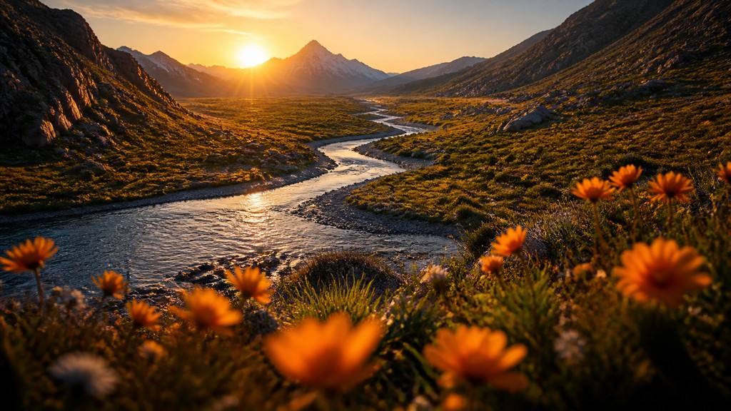 a vast valley with a river winding toward distant mountains at sunrise, no people, no text
