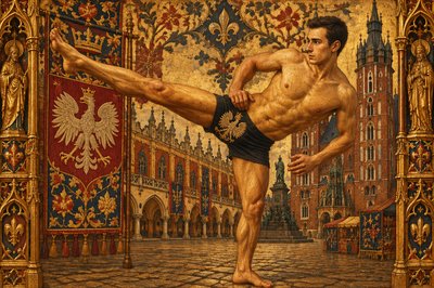 a painting of a man kicking a soccer ball