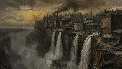a cliffside city with waterfalls cascading into a misty canyon, wide establishing shot, no people, no text