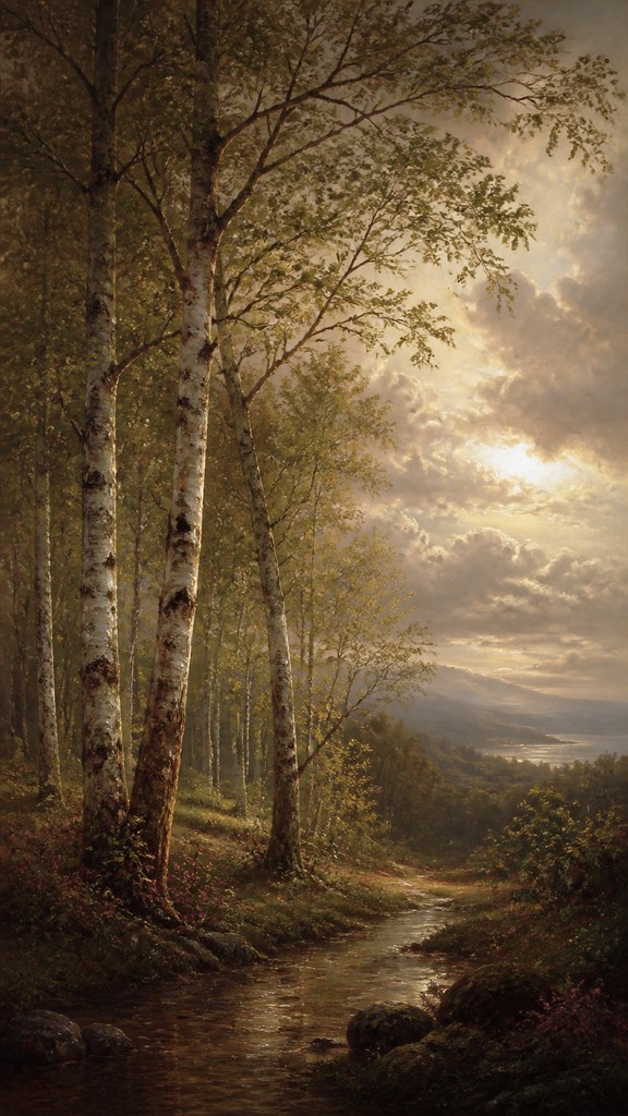 a serene birch forest in soft morning light, no people, no text