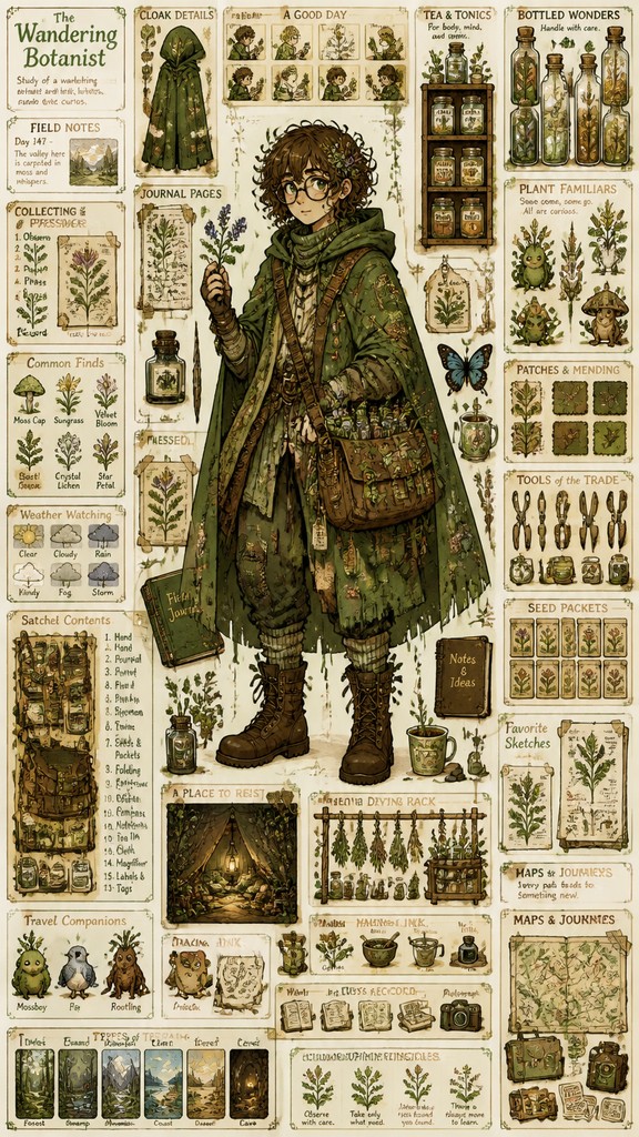full-body original character: a wandering botanist with a satchel of plants, a patched green cloak, tall boots and round glasses, neutral background