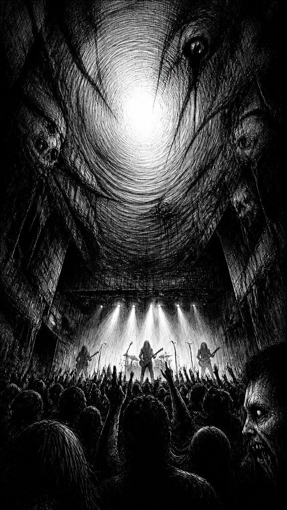a live music scene with a glowing stage and silhouetted crowd, energetic vertical composition with open space at the top, no text
