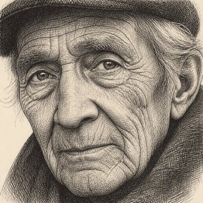 close-up portrait of an elderly person with expressive weathered features