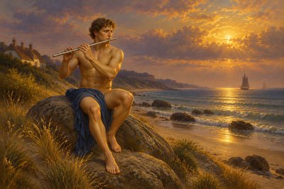 a painting of a man sitting on a rock playing a flute