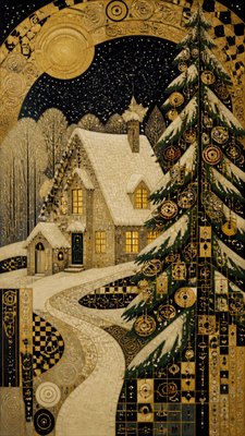 a snow-covered cottage with warm glowing windows beside a decorated pine tree, gentle snowfall, no text