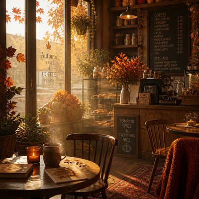 cozy cafe interior with warm lighting