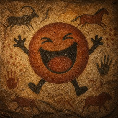 an exaggerated laughing face of an original round mascot character, bold and readable at small size, plain background, no text