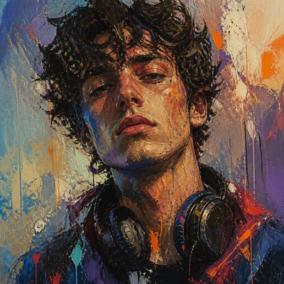 head-and-shoulders portrait of an original character: a young man with curly dark hair and headphones around his neck, plain backdrop, no text