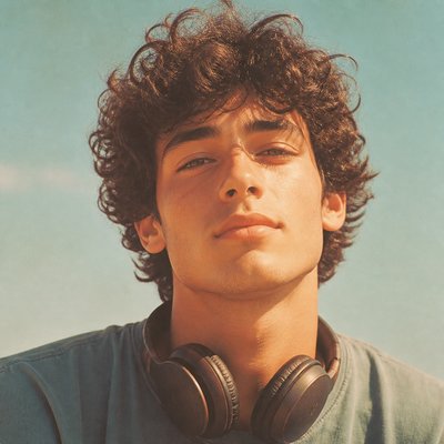 head-and-shoulders portrait of an original character: a young man with curly dark hair and headphones around his neck, plain backdrop, no text