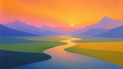 a vast valley with a river winding toward distant mountains at sunrise, no people, no text