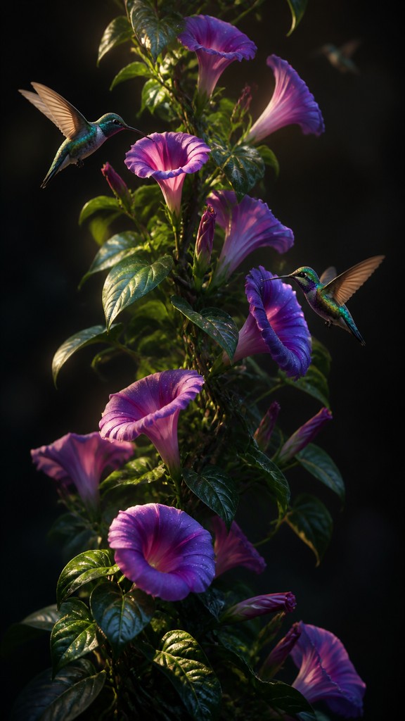 a climbing vine of flowers and hummingbirds on a dark background, tall wrapping composition, no text