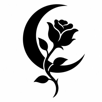 a rose entwined with a crescent moon, clean balanced composition on a plain background, no text