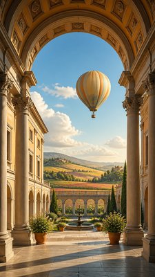 a hot air balloon drifting over rolling flower fields on a sunny day, cheerful, no text