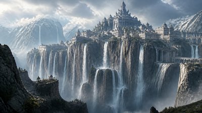 a cliffside city with waterfalls cascading into a misty canyon, wide establishing shot, no people, no text