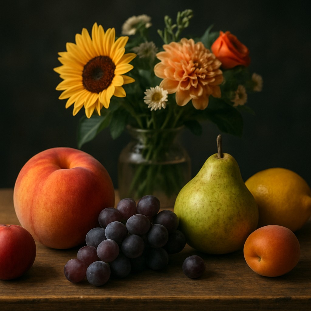 still life arrangement of fruits and flowers