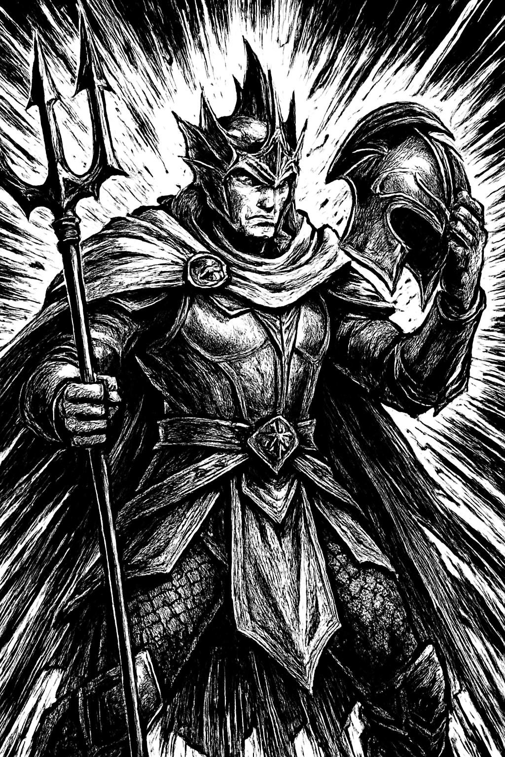 a black and white drawing of a knight