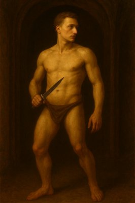a painting of a man with a knife in his hand