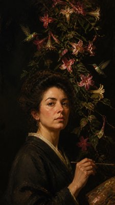 a climbing vine of flowers and hummingbirds on a dark background, tall wrapping composition, no text
