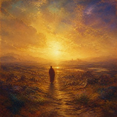 a solitary figure walking toward a glowing horizon across an empty plain, moody atmosphere, no text or lettering