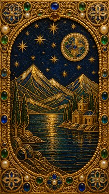 a tranquil mountain lake beneath a starry night sky, no people, no text