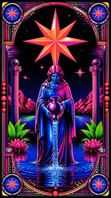 a robed figure pouring water beneath a large eight-pointed star in a night sky, symmetrical composition with an ornate decorative border, no text
