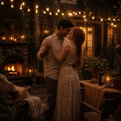 an original couple dancing under string lights in a garden at dusk: a man with short black hair in a linen shirt and a woman with braided red hair in a summer dress