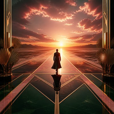 a solitary figure walking toward a glowing horizon across an empty plain, moody atmosphere, no text or lettering